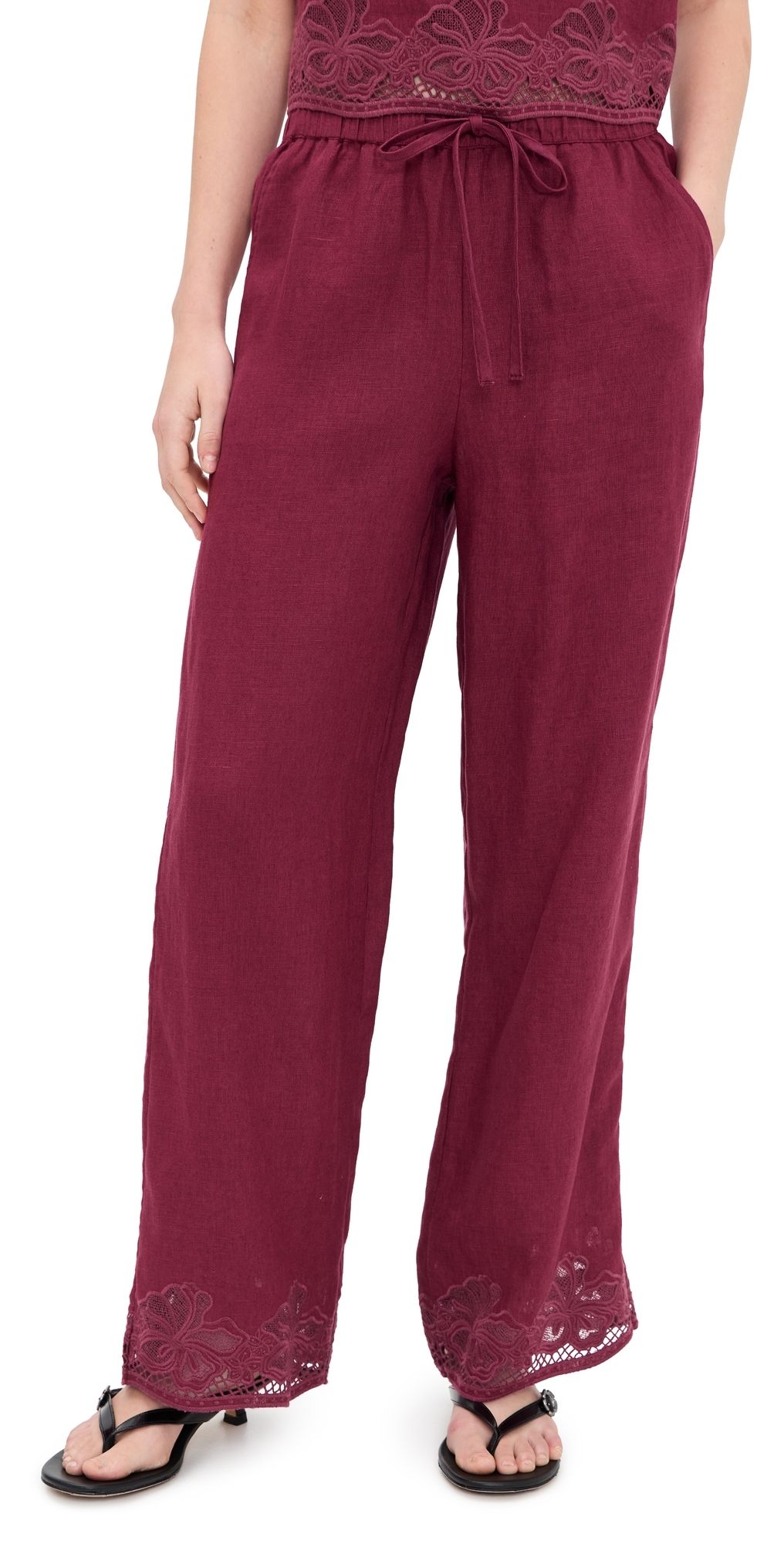 RAILS Emmie Linen Pants Berry Hibiscus Embroidery XS