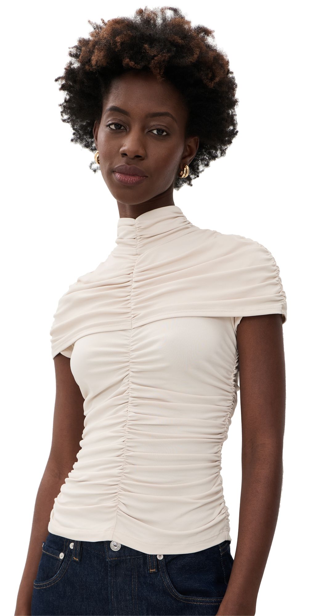 Susana Monaco Mock Neck Overlay Gathered Top Blanched Almond XS