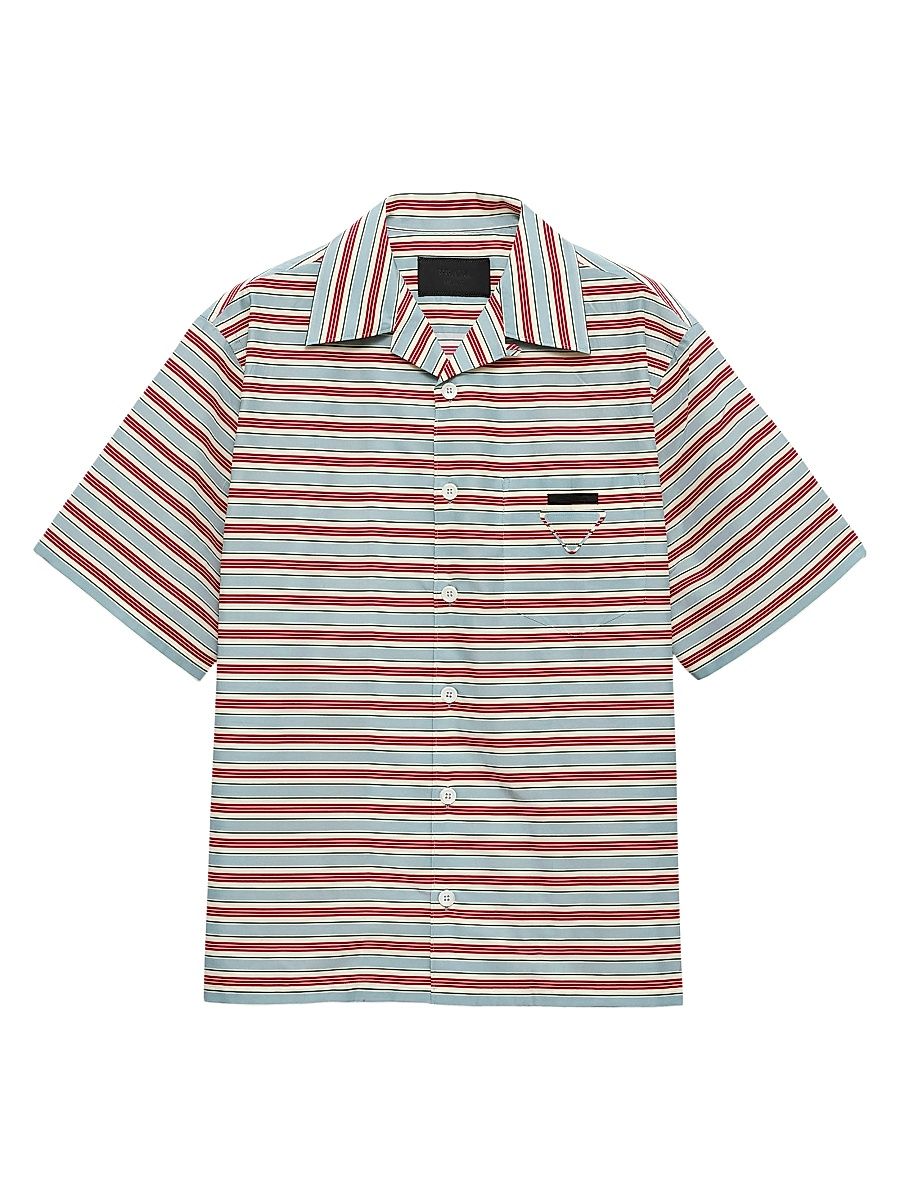 Men's Striped Cotton Bowling Shirt - Turquoise - Size XL