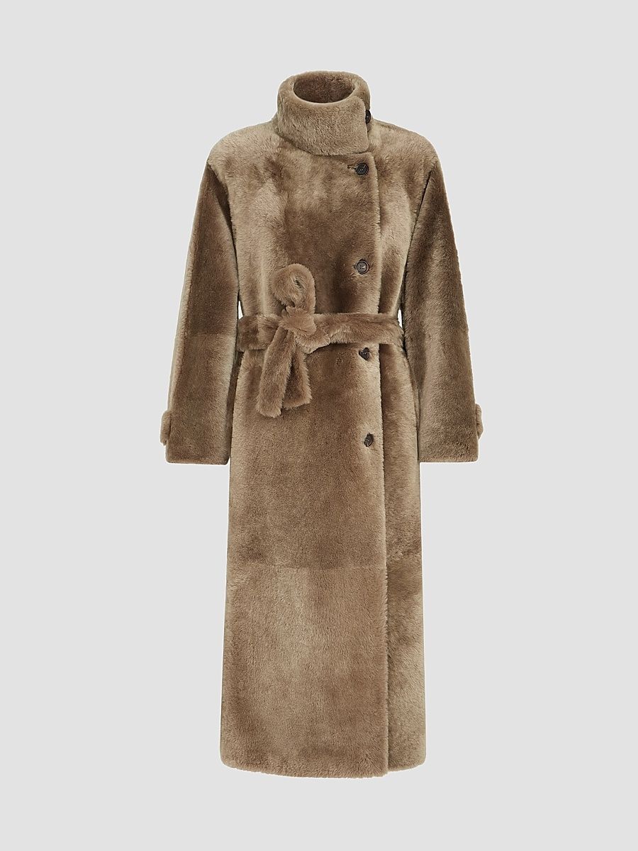 Women's Shearling Coat with Belt and Monili - Light Brown - Size 10