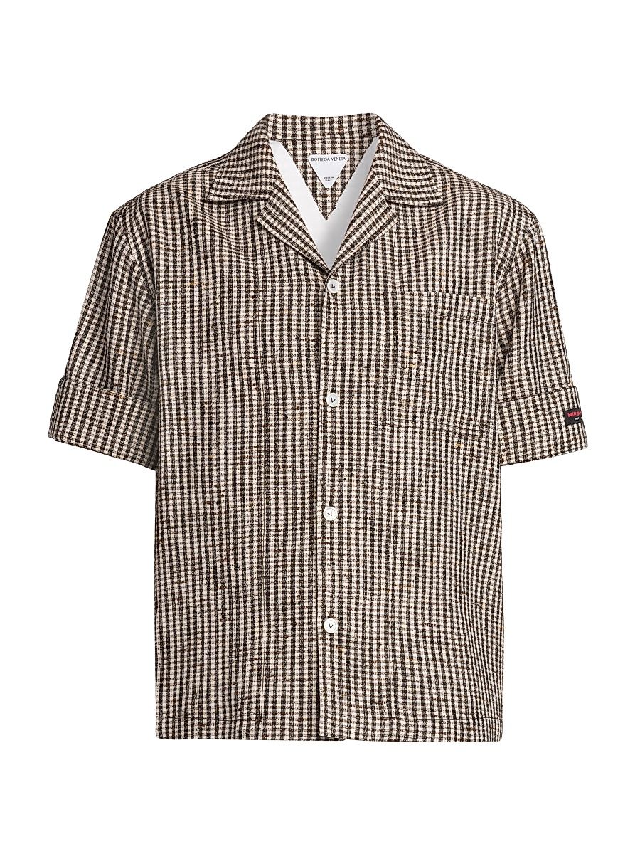 Men's Knotted Viscose Mini Check Shirt - Talc Brown Black - Size 44