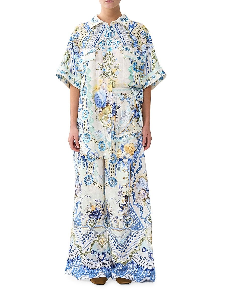 Women's Printed Linen Wide-Leg Trousers - Size XS