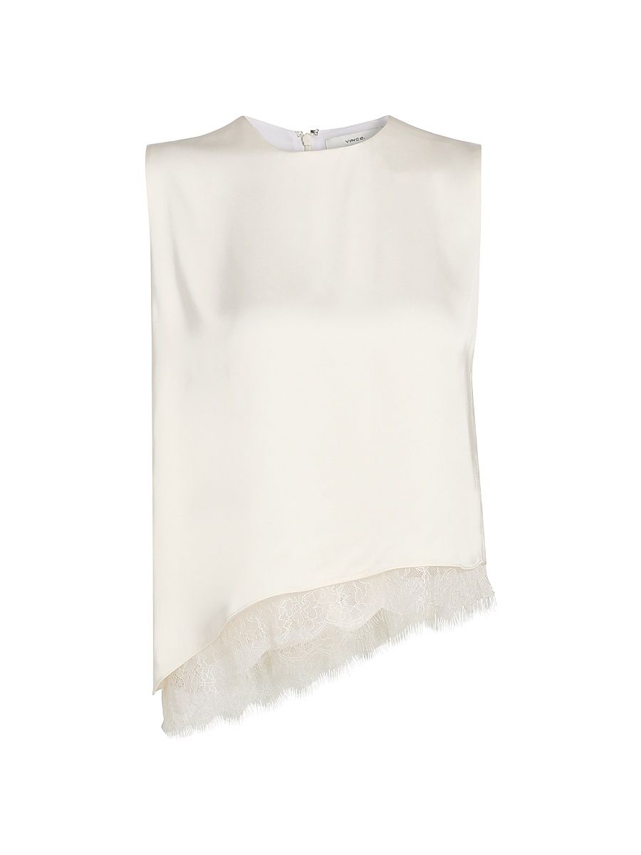 Women's Asymmetric Satin Lace-Trim Top - Creme - Size Large
