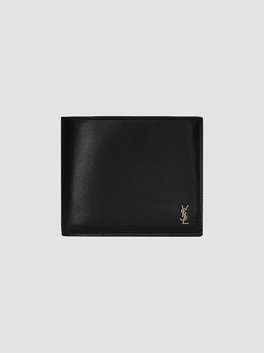 Saint Laurent Men's Tiny Cassandre East West Wallet in Shiny Leather - Black