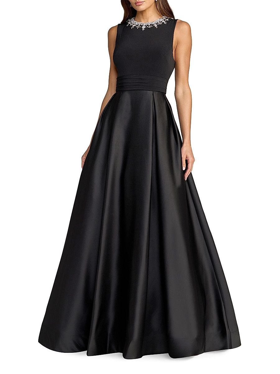 Women's Jersey Sleeveless Satin-Skirt Beaded-Neck Gown - Black - Size 14