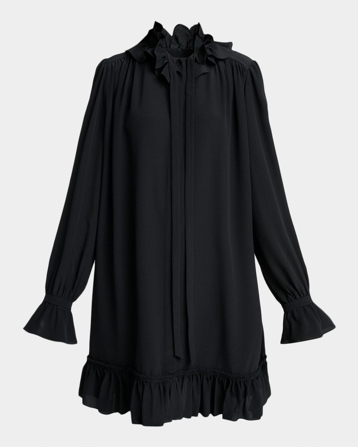 Ruffle Neck-Tie Silk Mini Shirtdress