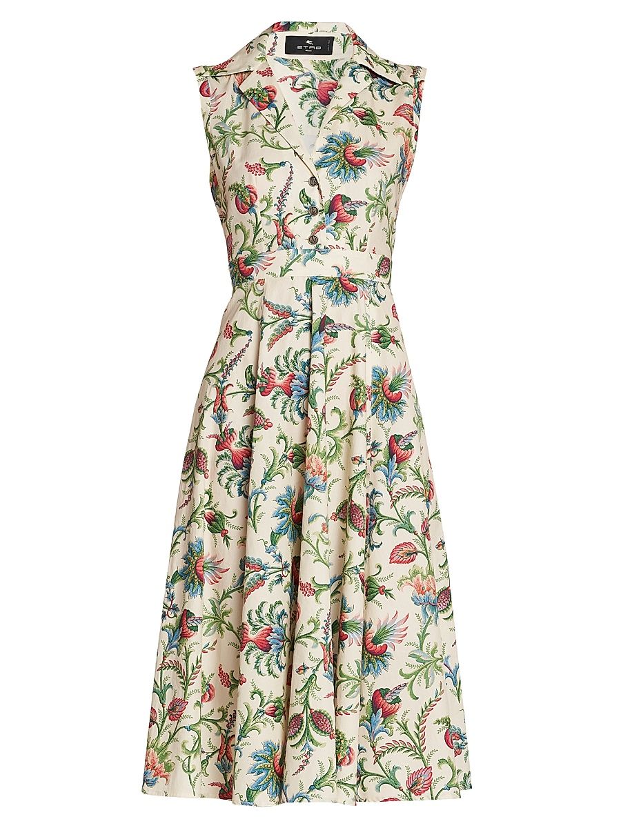 Women's Stamped Floral Stretch Cotton Shirtdress - Stampa Bianco - Size 14