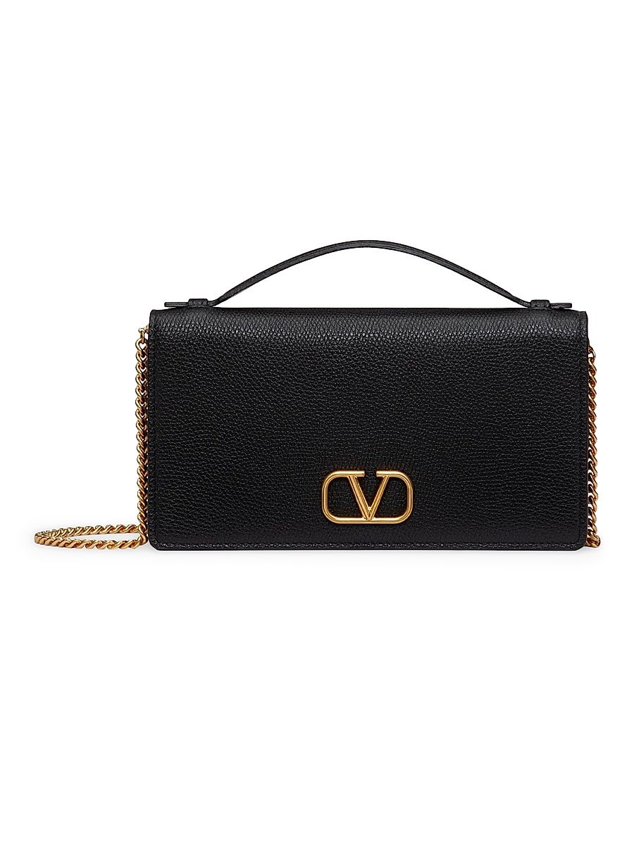 Women's Vlogo Signature Grainy Calfskin Wallet with Chain - Black