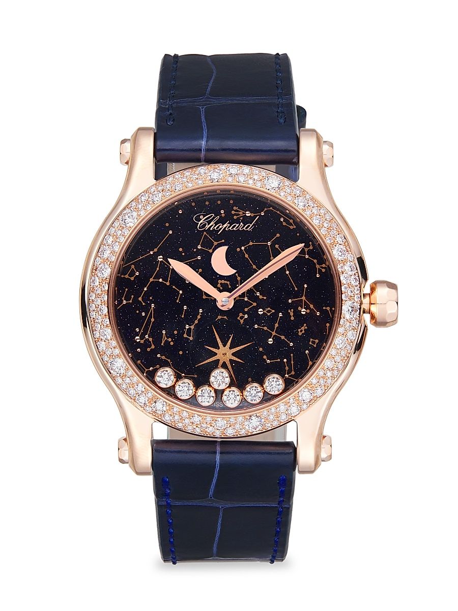 Women's Happy Moon 18K Rose Gold, Diamond, & Alligator Leather Strap Watch