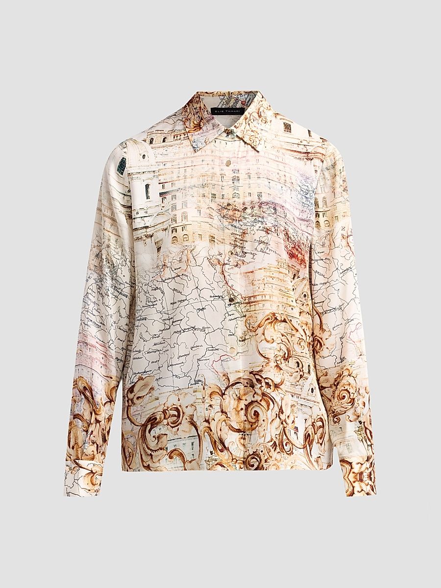Women's Madeline Printed Silk-Blend Button-Front Blouse - Dream Map Print - Size XL