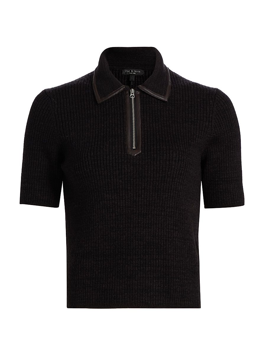 Women's Caterina Rib-Knit Polo Sweater - Dark Brown - Size XL