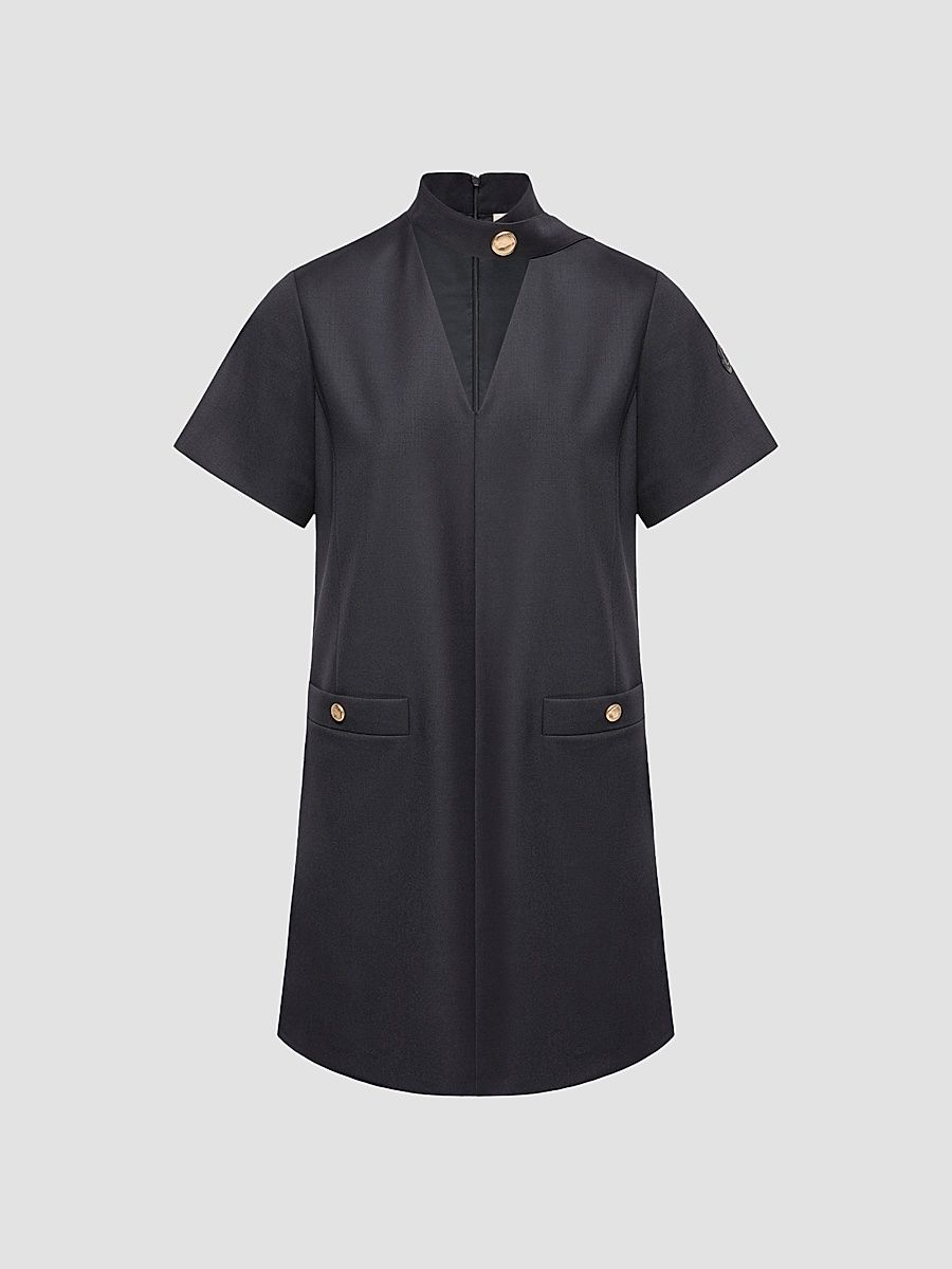 Women's V-Neck Mini Dress in Wool Gabardine - Dark Blue - Size Small