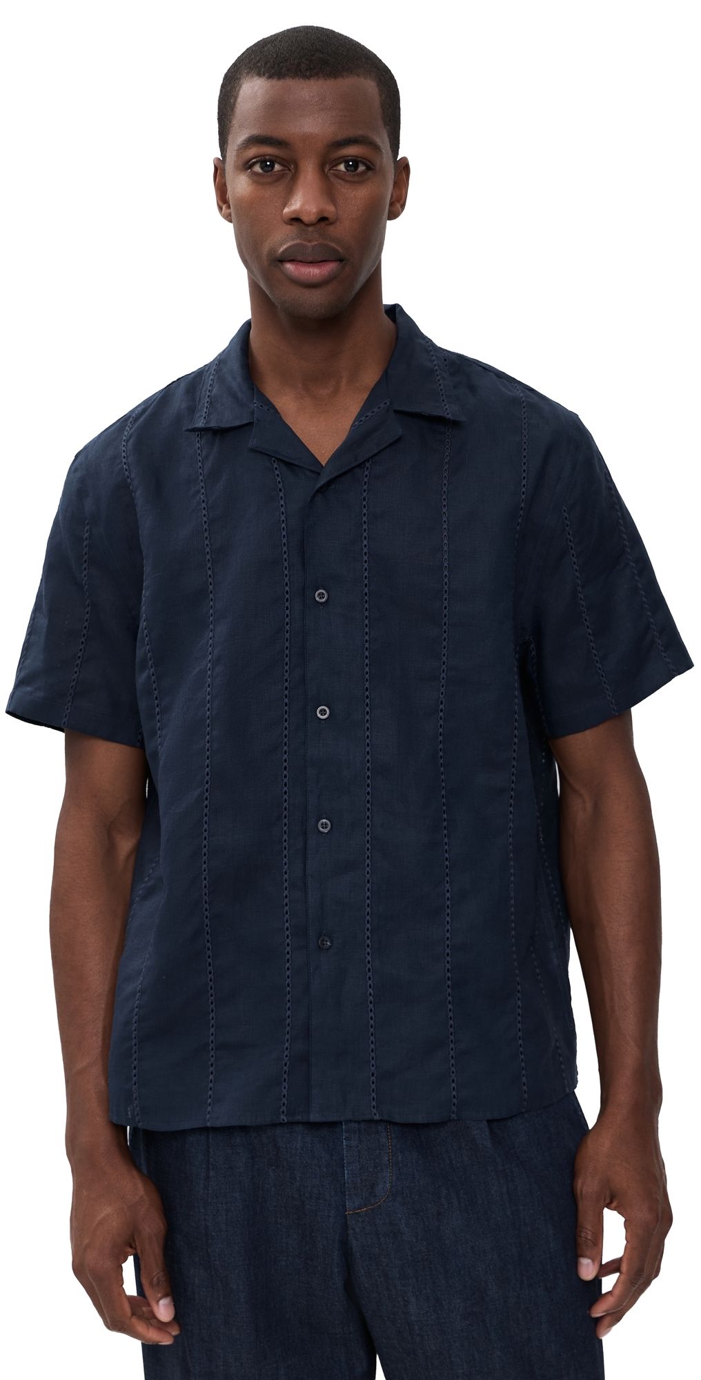 Vince Linen Eyelet Stripe Short Sleeve Cabana Shirt Coastal XXL