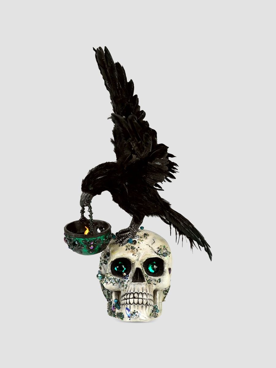 Enchanted Emerald Widow Watchful Crow With Tea Light Lantern