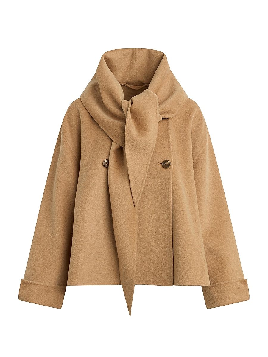 Women's The Jamie Scarf-Detail Double-Breasted Coat - Camel - Size Small