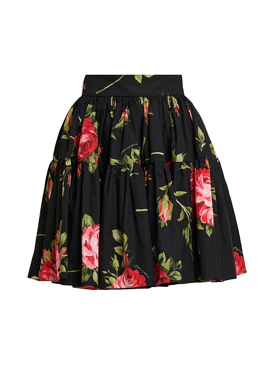 Women's Floral Cotton Miniskirt - Bouquet Rose F Nero - Size 12