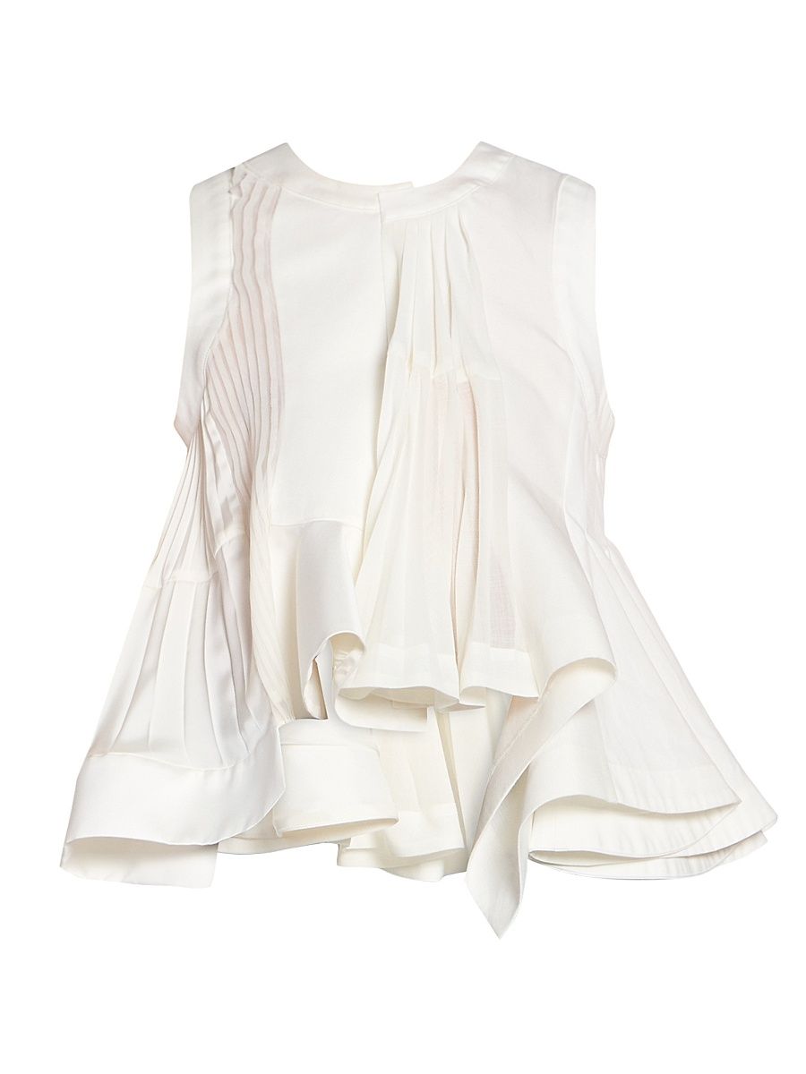 Women's Pleated Silk-Blend High-Low Top - Off White - Size XL