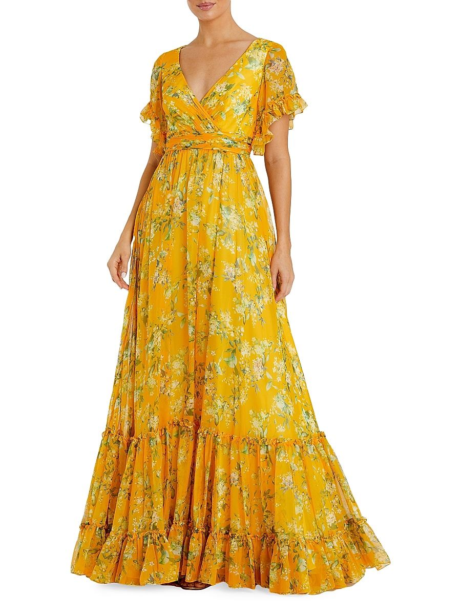 Women's Floral Flounce Sleeve Maxi Dress - Yellow Multi - Size 8
