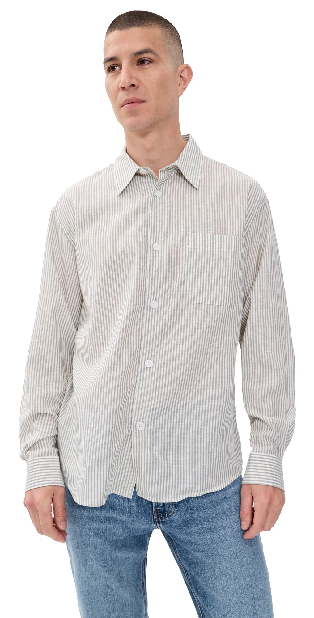 FRAME Linen Blend Stripe Button Down Shirt Khaki Ecru Stripe M