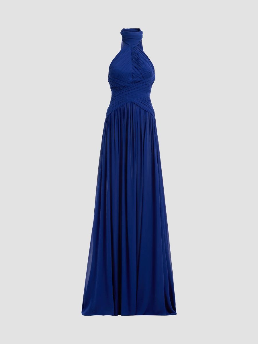 Women's Halterneck Draped Silk Gown - Deep Electric - Size 8