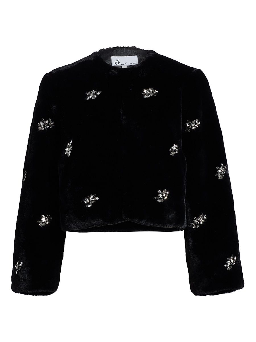 Women's Monique Crystal-Embellished Faux-Fur Jacket - Black - Size Large
