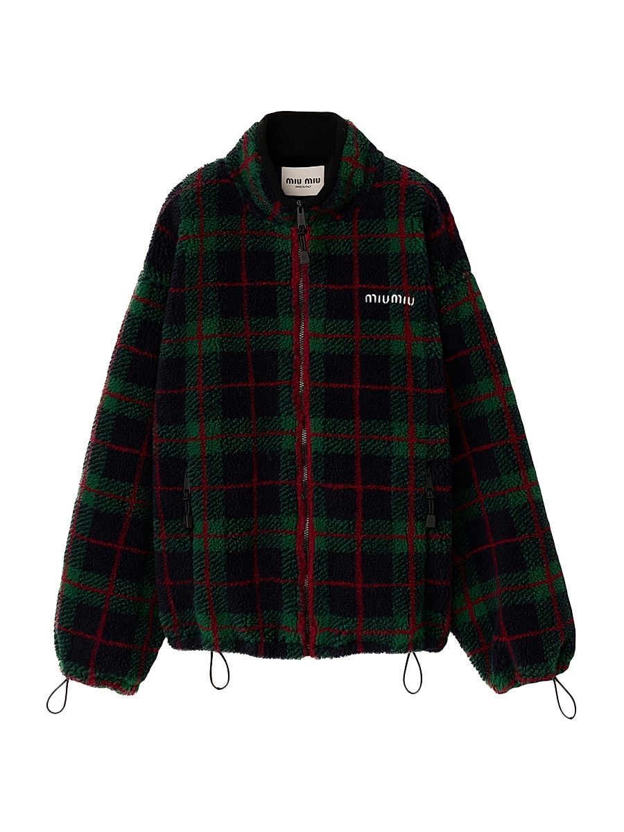 Women's Checked Teddy Zipper Jacket - Blue - Size Large