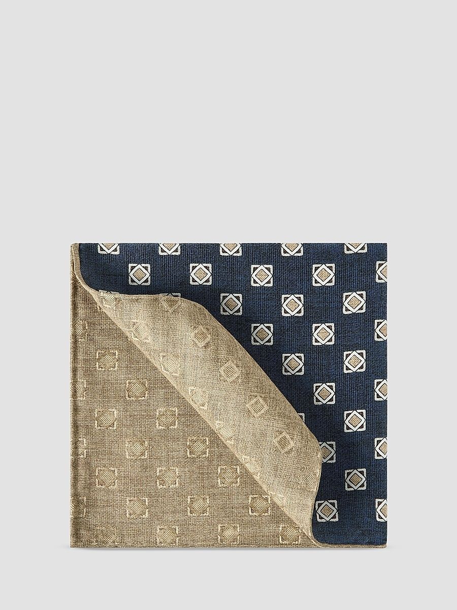 Men's Silk Geometric Pattern Pocket Square - Navy Blue