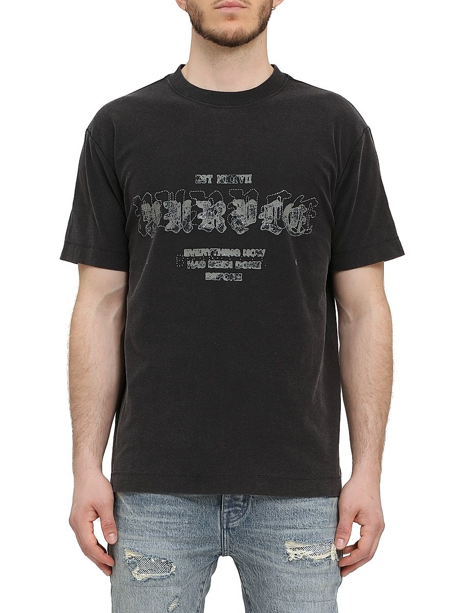 Men's Rhinestone Logo Textured Jersey T-Shirt - Black - Size XXL