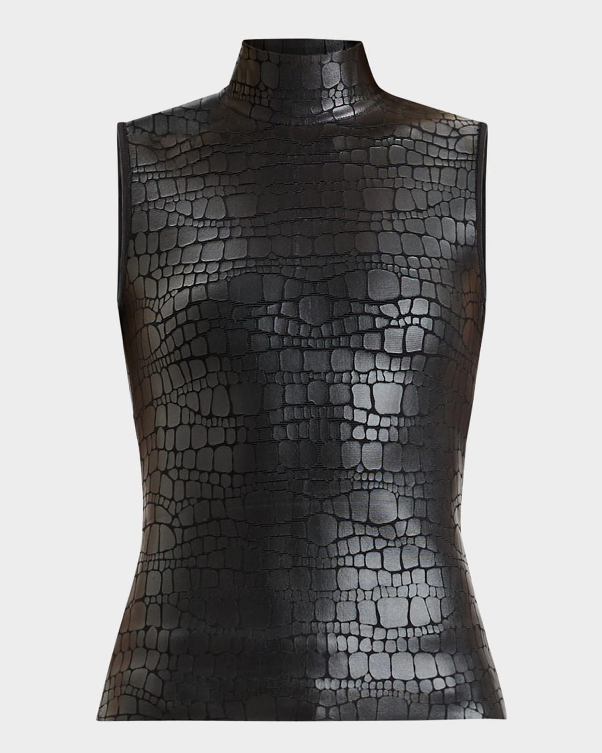 Clarice Mock-Neck Croc-Embossed Sleeveless Top