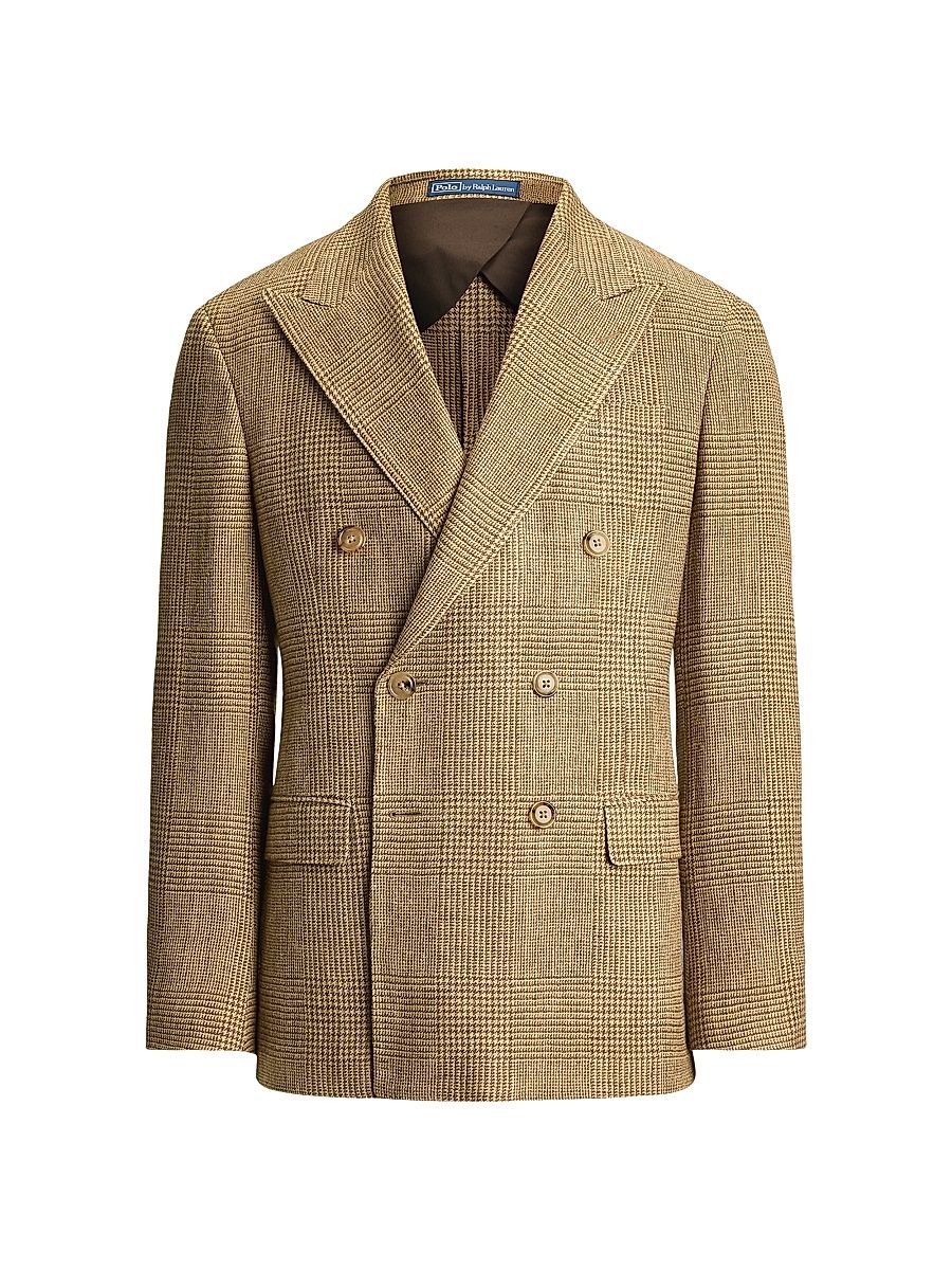 Men's Glen Plaid Double-Breasted Sport Jacket - Brown Tan - Size 42