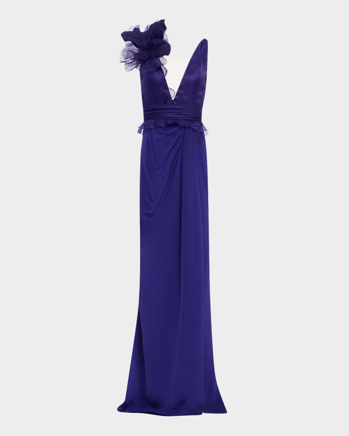 Draped Flower Ruffle Matte Crepe & Organza Gown