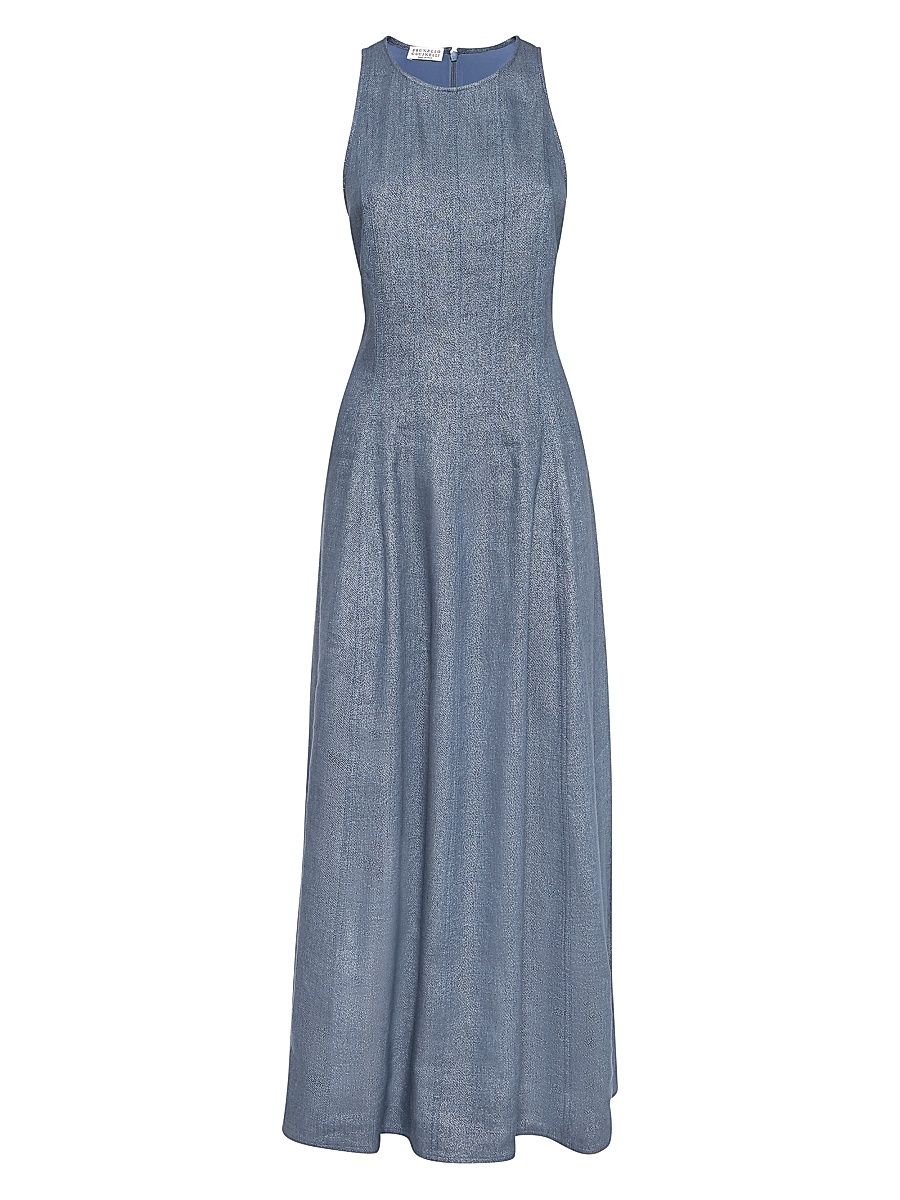 Women's Linen and Virgin Wool Sparkling Twill Dress - Dark Denim - Size Medium
