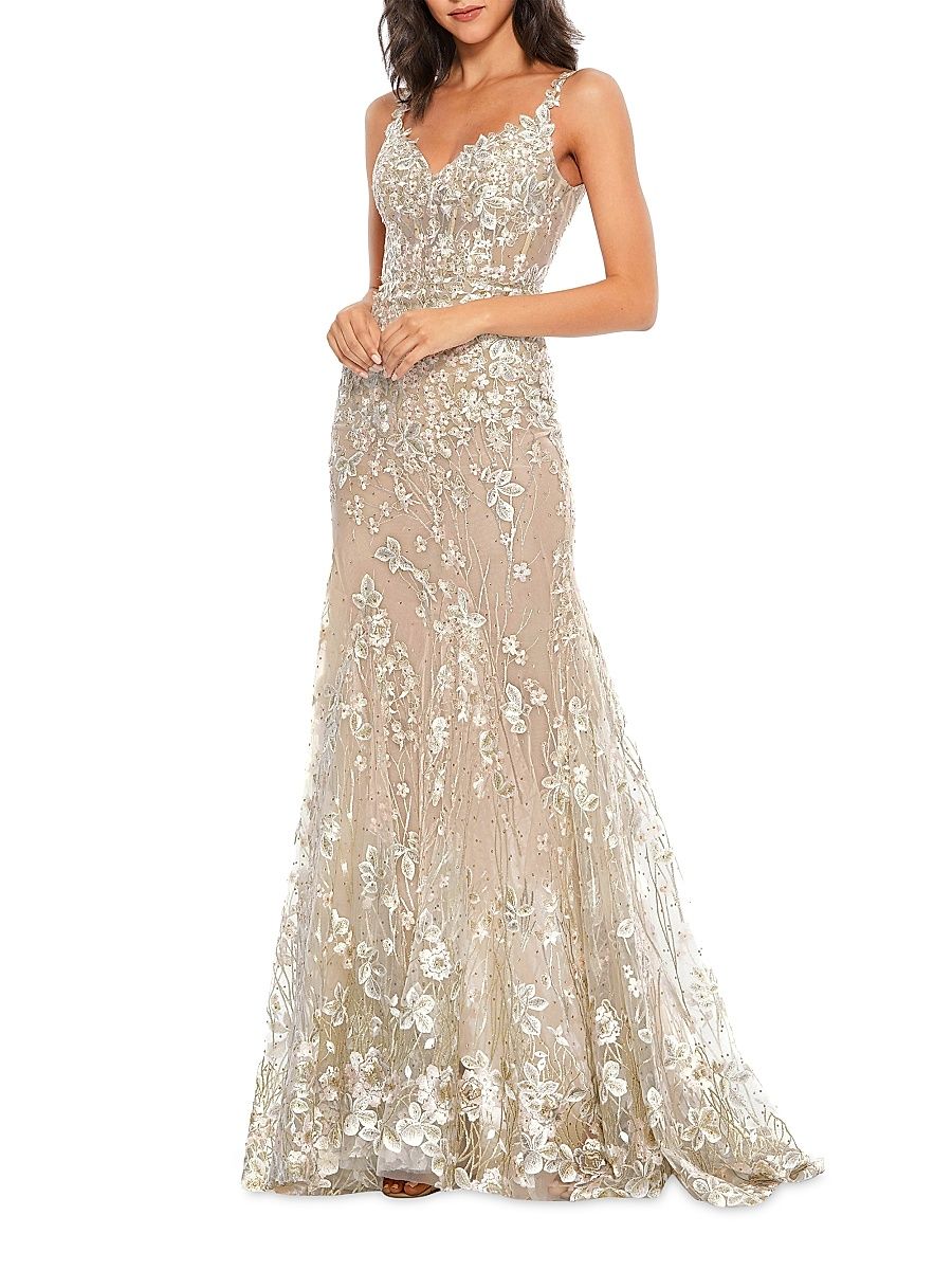 Women's Floral Embellished Sheath Gown - Beige Multi - Size 4