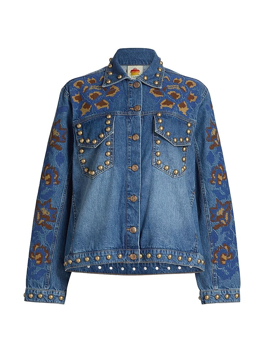 Women's Studded Floral Denim Jacket - Denim - Size Large