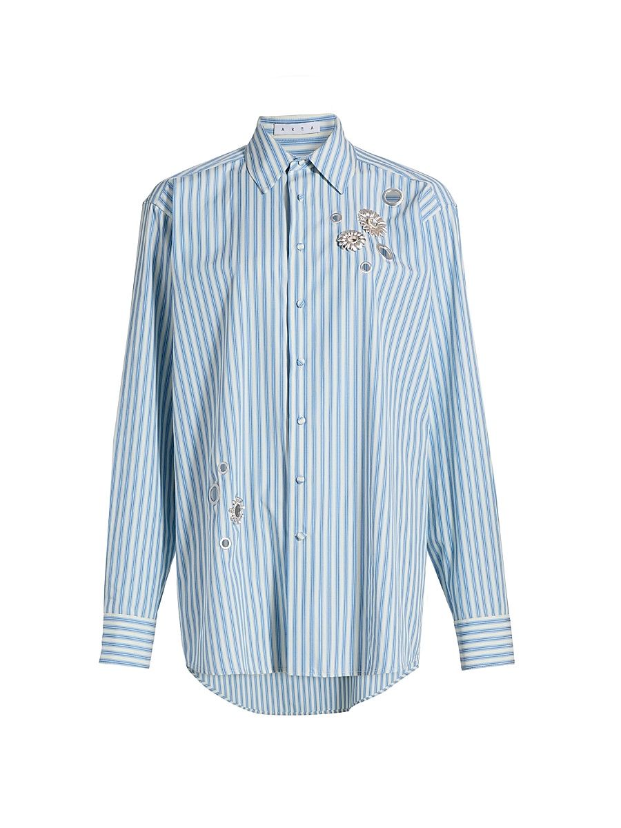 Women's Crystal Grommet Striped Poplin Shirt - White Blue - Size Large