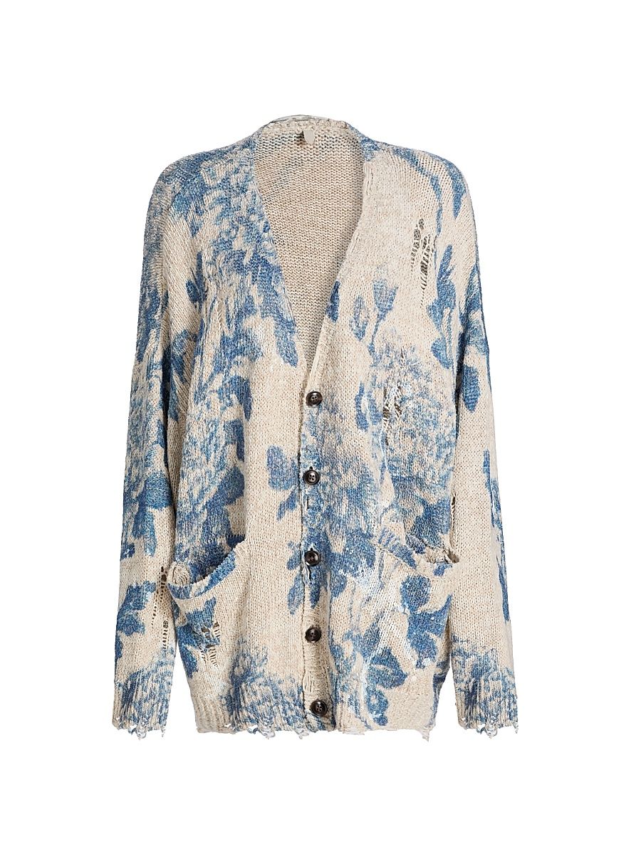 Women's Floral Linen-Cotton Blend Oversized Cardigan - Faded Blue Floral - Size Large