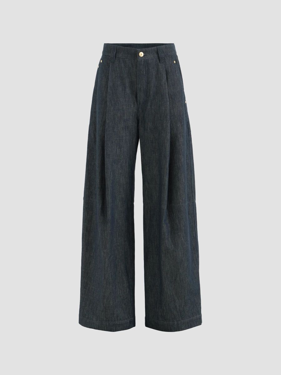 Brunello Cucinelli Women's Cotton Denim-Effect Twill Pleated Barrel Trousers with Monili - Denim - Size 18