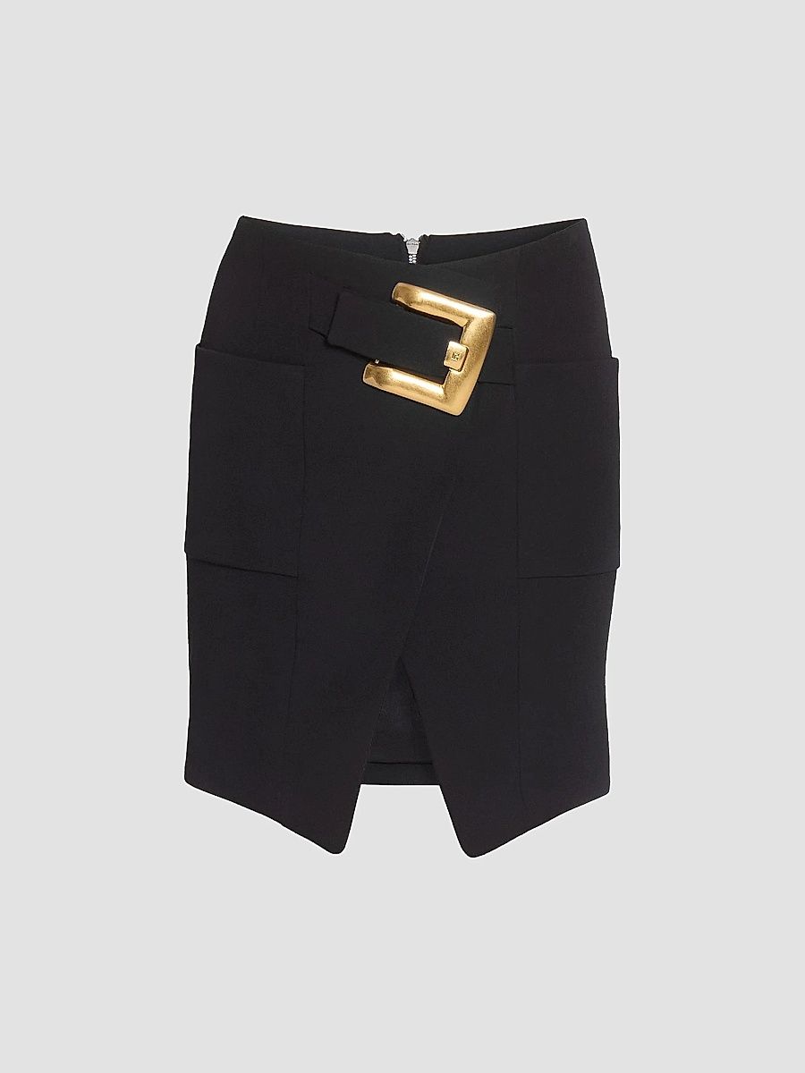Balmain Women's Belt-Detail Grain De Poudre Wool Miniskirt - Noir - Size 12