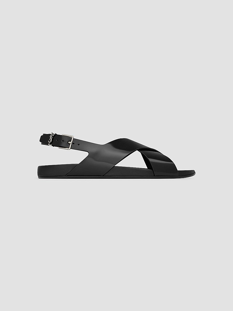 Saint Laurent Men's Helios Sandals in Glazed Leather - Black - Size 9