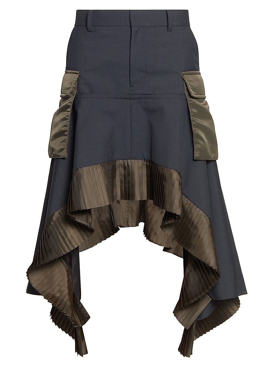 Women's Suiting-Nylon Twill Handkerchief Hem Midi-Skirt - Grayd Khaki - Size XL