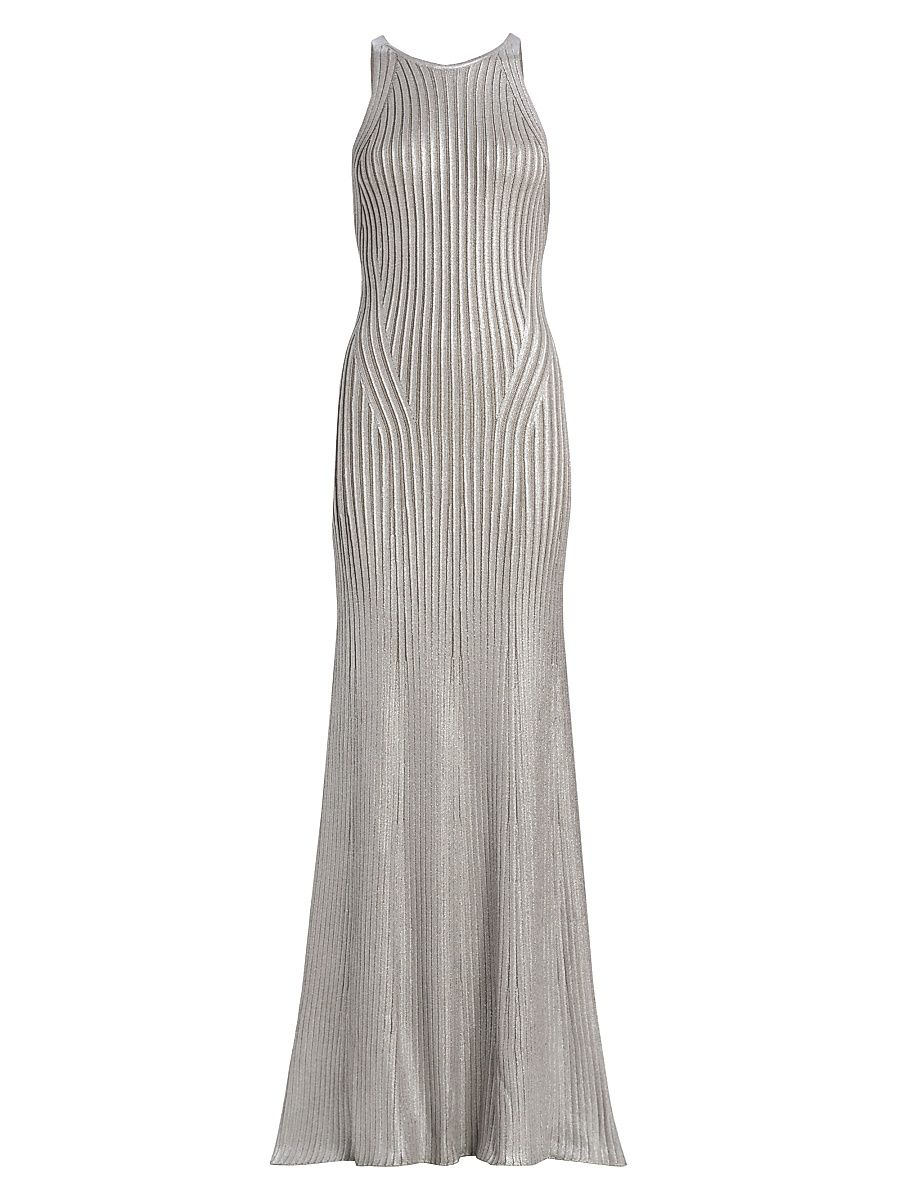 Women's Foiled Rib-Knit Sleeveless Mermaid Gown - Pearl Grey Melange - Size XL