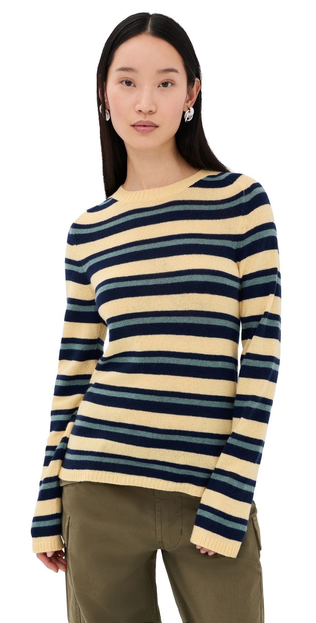 The Elder Statesman Laurel Stripe Crew Cashmere Pullover Cypress Stripe M