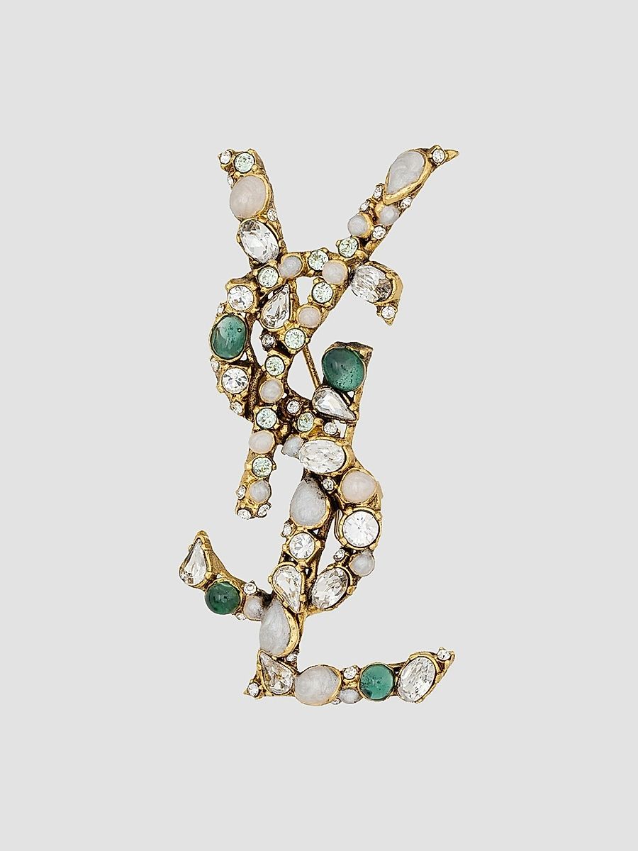 Saint Laurent Women's Cassandre Crystal Brooch - Cream Green Crystal Gold