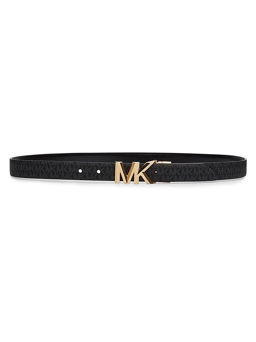 Women's MK Logo Monogram Leather Belt - Black - Size Small