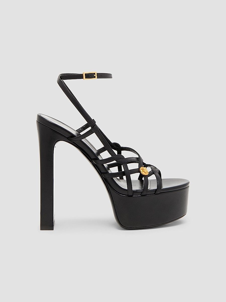 Women's 140MM Medusa-Detail Leather Platform Sandals - Black - Size 8