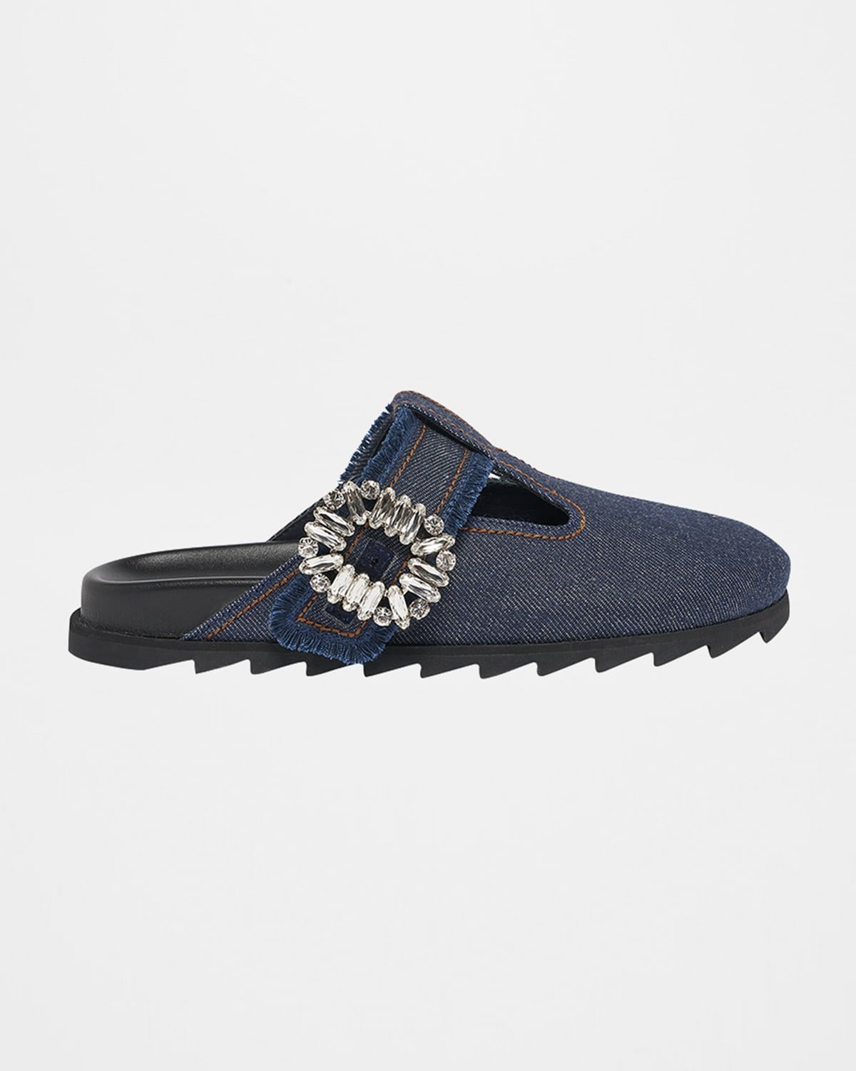 Denim Crystal Buckle T-Strap Mule Clogs