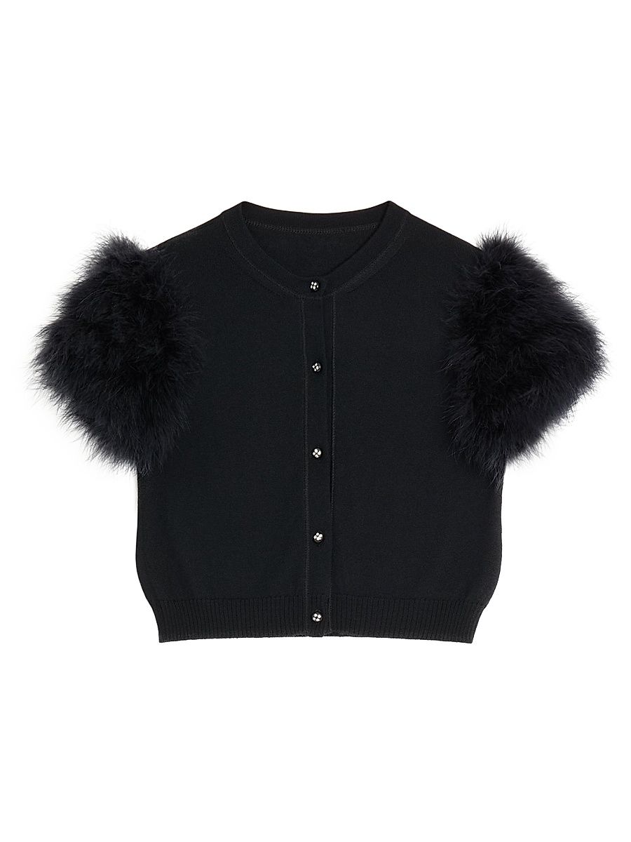 Women's Wool Knit Cardigan with Feathers - Black - Size XS