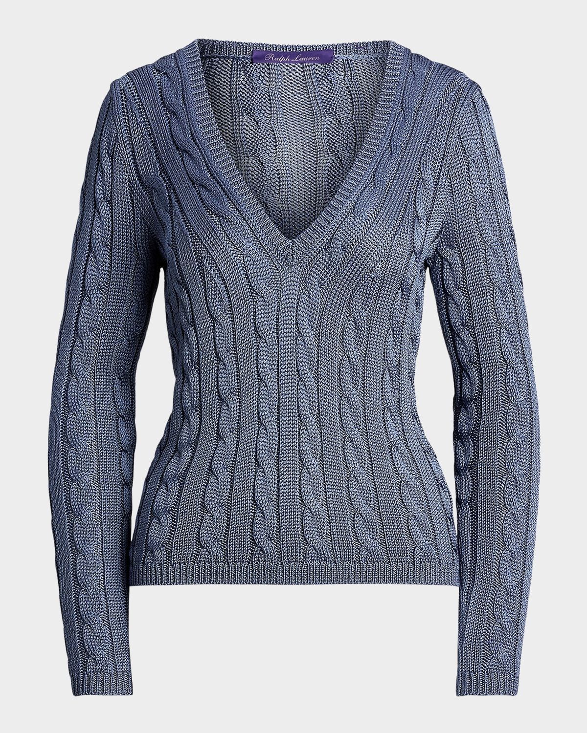 V-Neck High Shine Silk Cable Knit Sweater