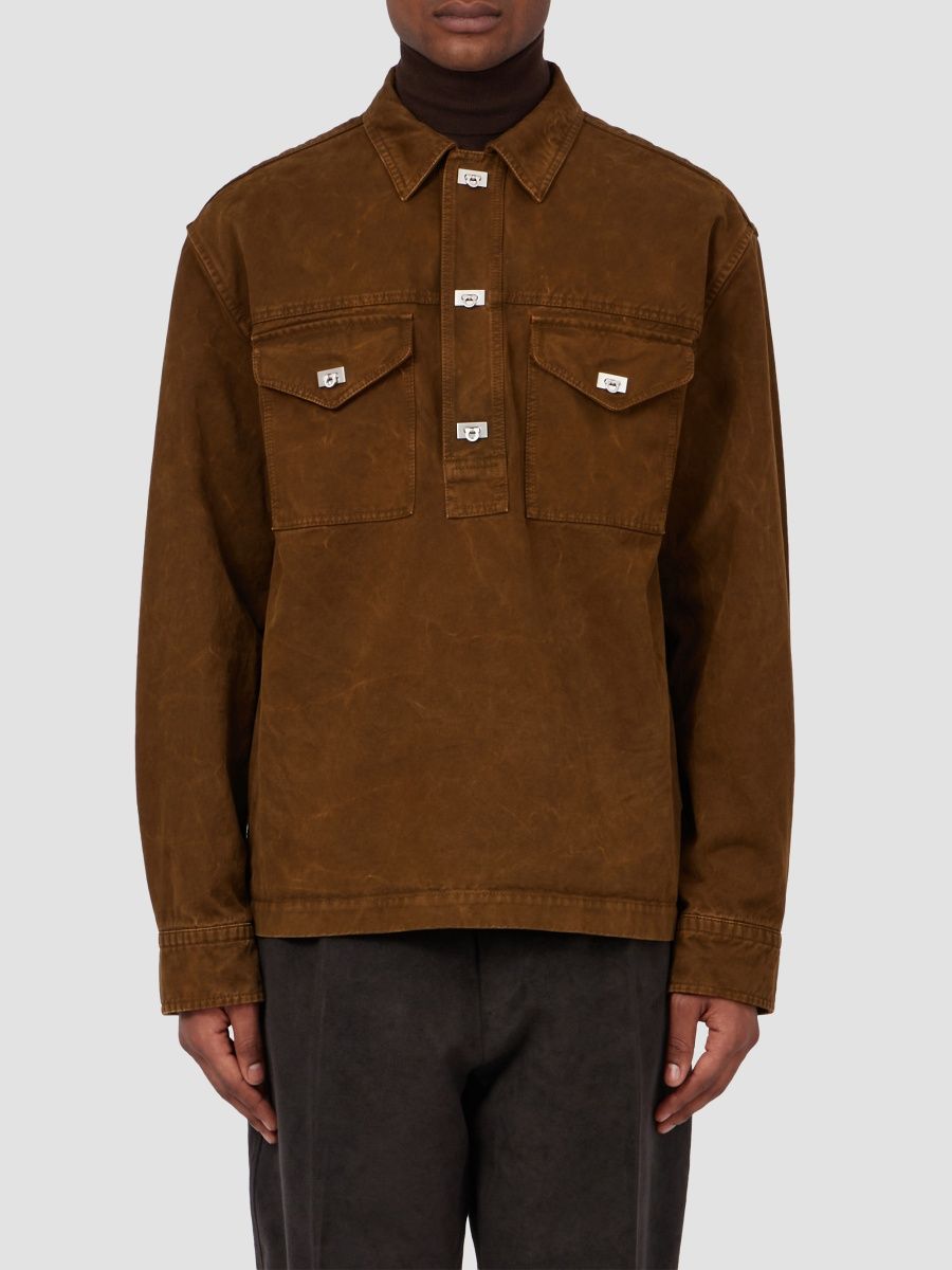 FERRAGAMO Men's Workwear Garment-Dyed Cotton-Gabardine Long-Sleeve Shirt - Soy Seed - Size XL