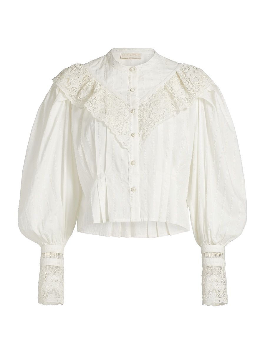 Women's Esther Pleated Lace-Trim Cotton Blouse - Pristine - Size 12